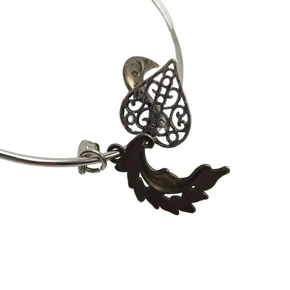 Moon Purple Stone Filigree Heart Charm Bangle Bracelet Silver Tone Vintage - Picture 4 of 5